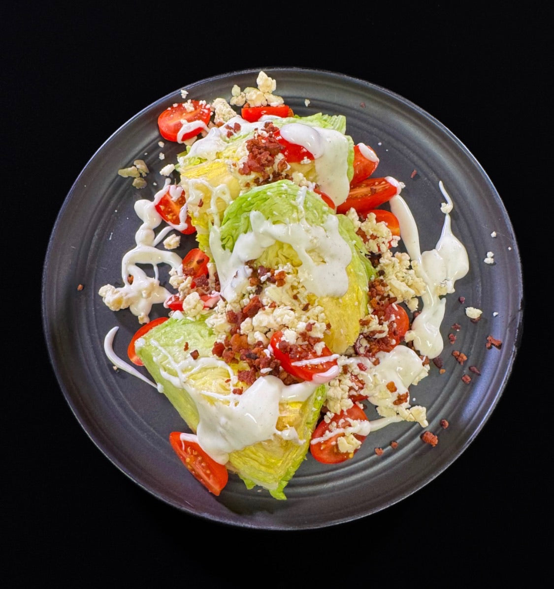 WO 11/1/26 - Classic Wedge : Ice Burg Lettuce, Bacon, Blue Cheese, Tomatoes, Ranch Dressing